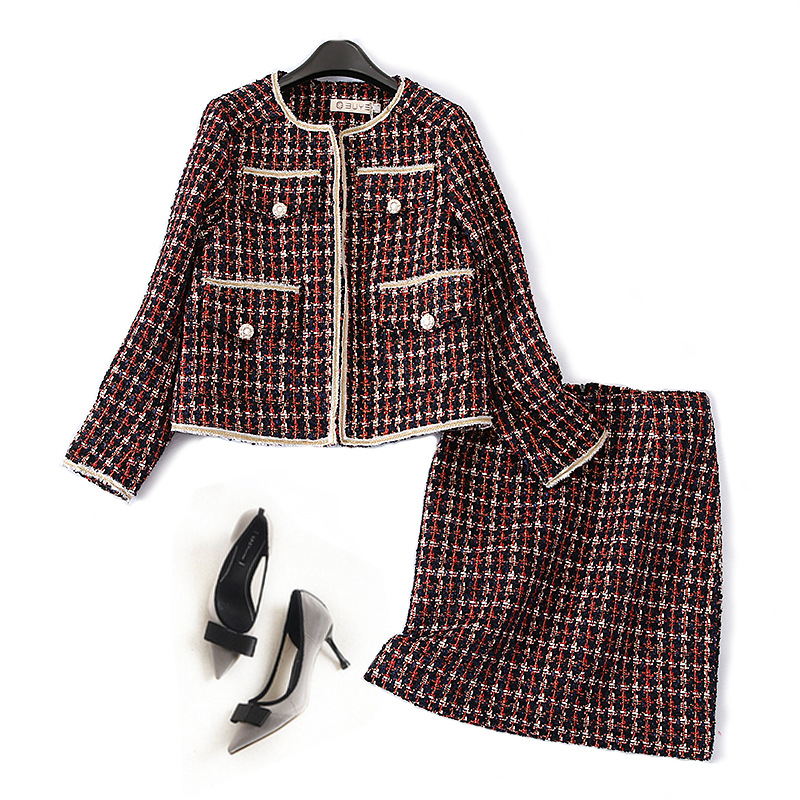 两件套小香风格子套装2020冬装女新款时尚千鸟格外套 半身裙h3779