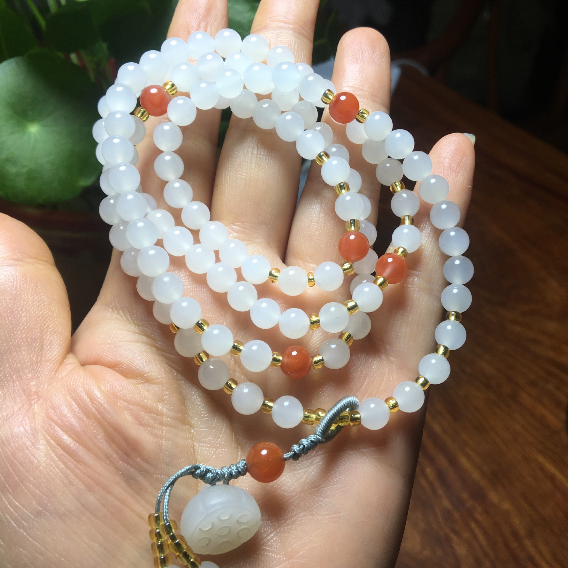 和田玉羊脂玉108颗佛珠圆珠挂链项链 白玉珠链挂饰多