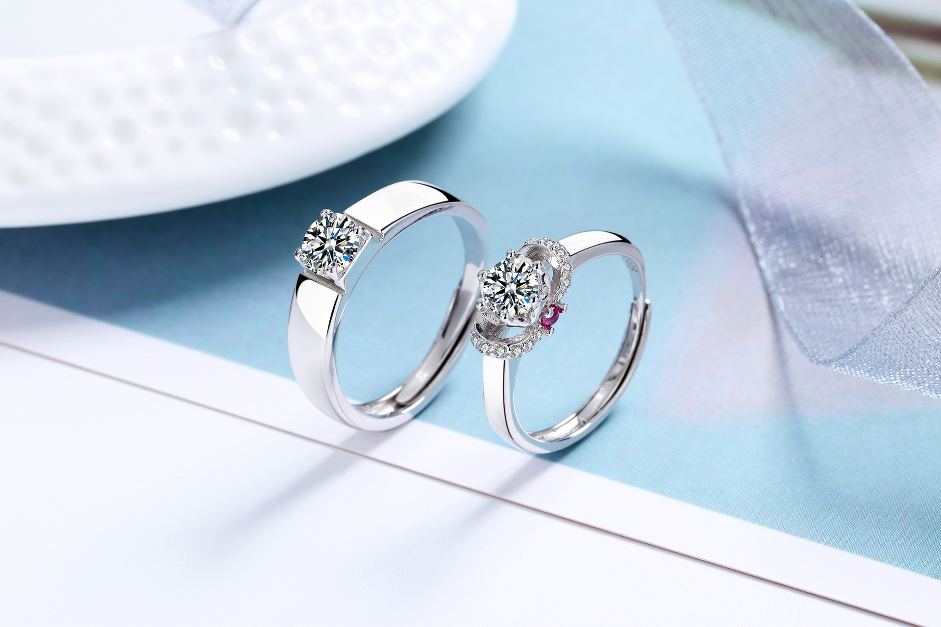 s925纯银 皇冠情侣戒指 韩版时尚镶钻几何型开口男女对戒厂家批发