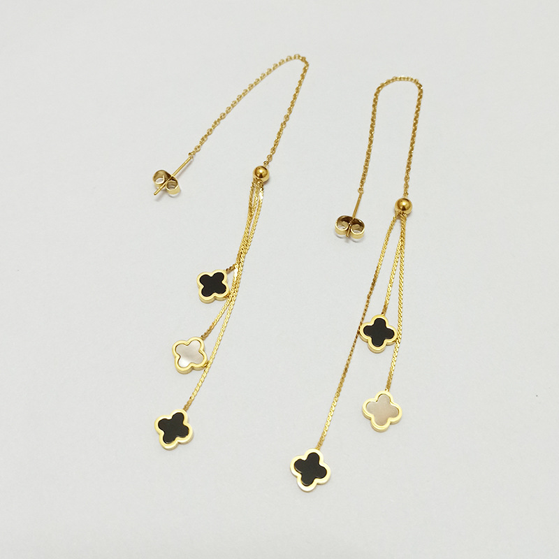 四叶草流苏耳线18k彩金冷淡风耳坠气质长款耳环钛钢简约耳绳耳链