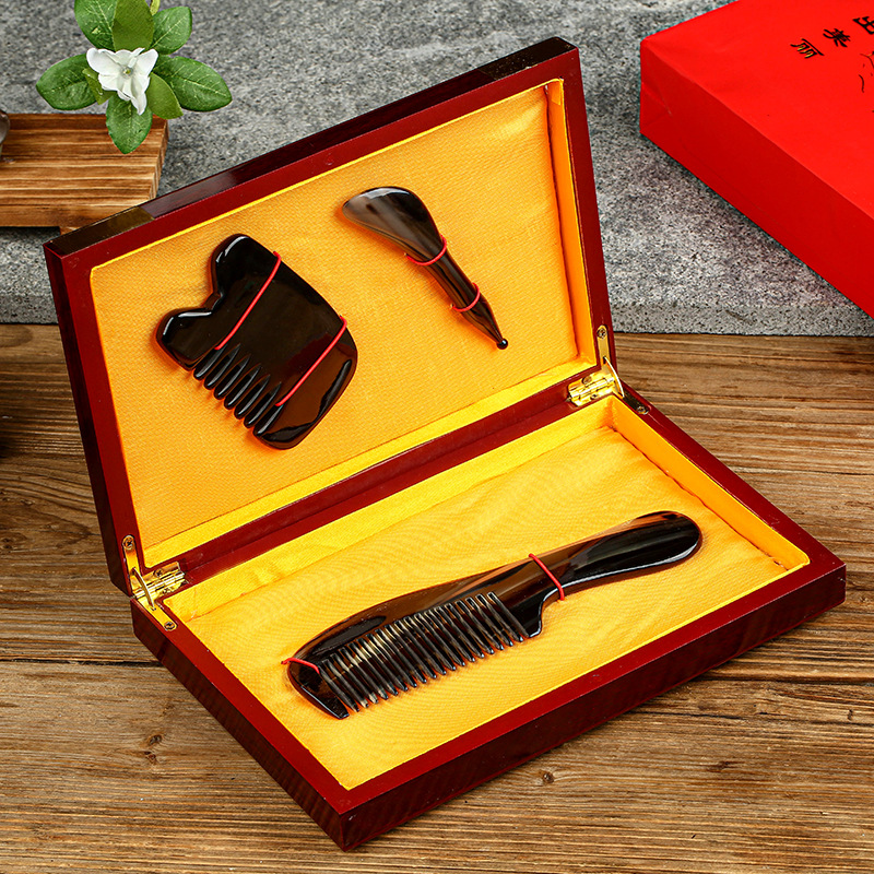 牛角梳礼盒套装logo刻字定制母亲节礼品脸部刮脸板发丝梳全套