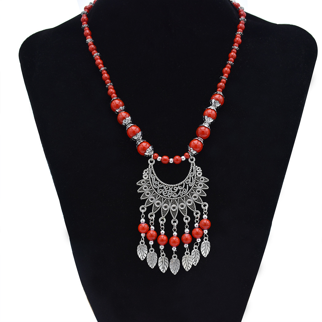 2021新款西藏尼泊尔饰品绿松石树叶复古项链长款毛衣链批发