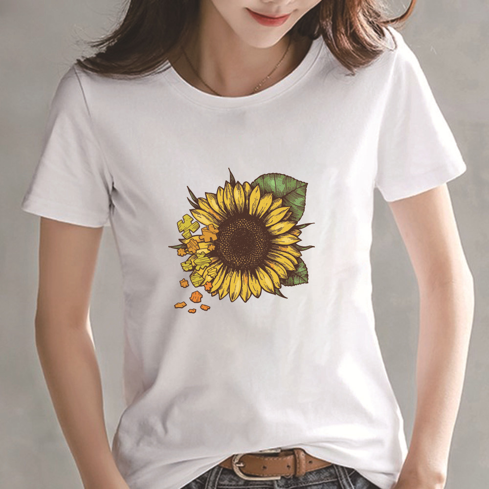 亚马逊跨境春夏季大码女装热销向日葵花短袖印花宽松短袖圆领t恤