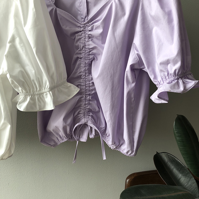 包邮夏季短袖方领娃娃衫女法式宫廷风泡泡袖短款上衣5685 紫藤花 xl