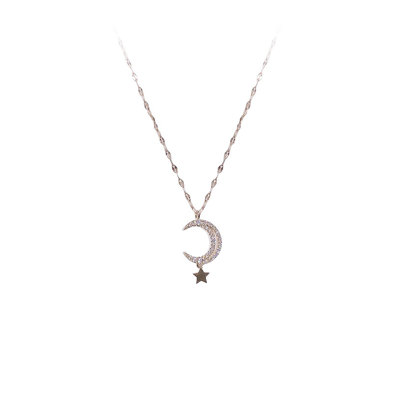 Star Moon Necklace Women's Korean-Style Diamond Gold Moon Sweet Star Zircon Titanium Steel Necklace Women's Clavicle Chain Jewelry