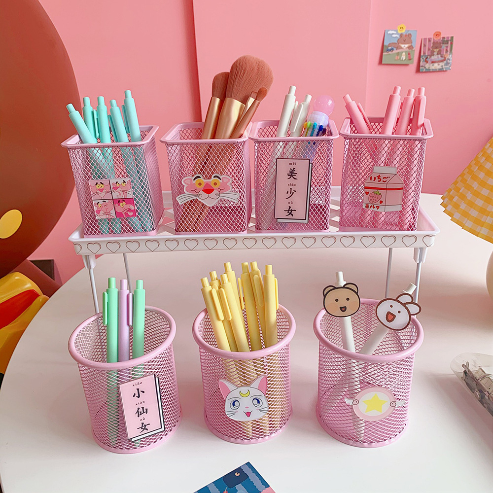 Japanese Style Sweet and Cute Girl Heart Pink Pen Holder Student Desktop Storage Organization Office Supplies Stationery Storage Container