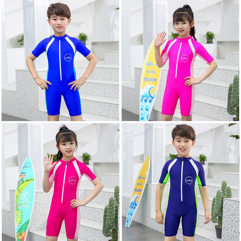 Children's Swimsuit Boys Girl's One-Piece Swimming Suit Swimming Pool Professional Training Nylon Children's Swimwear with Hat