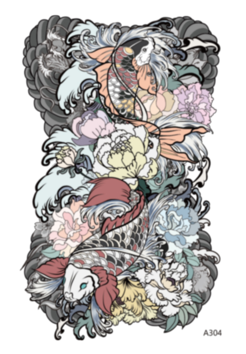 新款a3手绘满背纹身贴纸彩色龙虎鱼中国元素图案纹身满背纹身贴