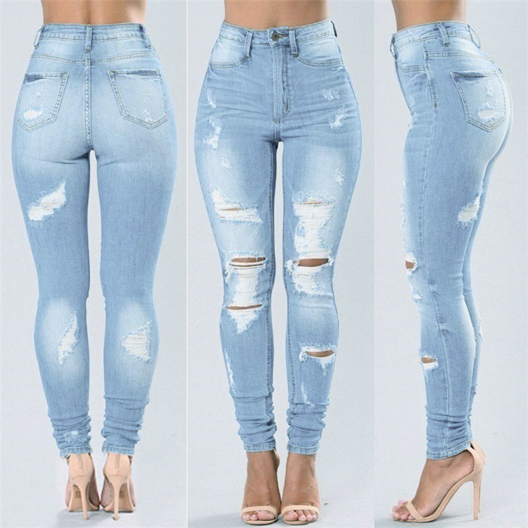   216# Foreign Trade Jeans European and American Amazon Ripped Ankle-Tied Trendy Elastic Skinny Slimming Beggar Jeans for Women