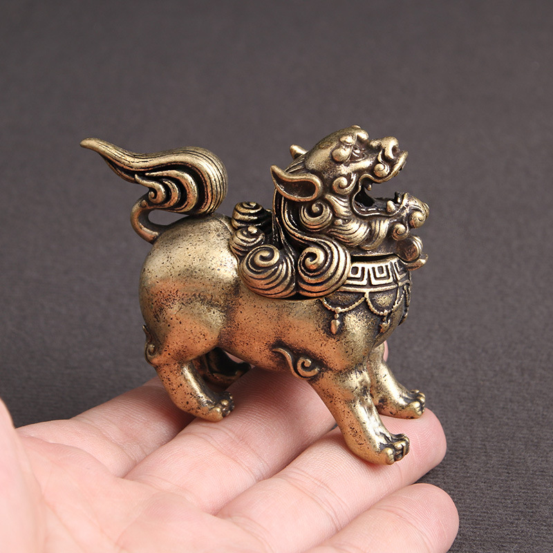 黄铜做旧防古玩瑞兽麒麟朝天吼檀香熏香炉招财居家书房摆件老铜器