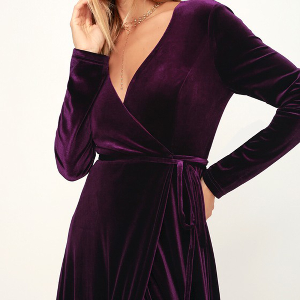 晚礼服女2020秋冬跨境亚马逊新款欧美丝绒开叉性感v领纯色连衣裙