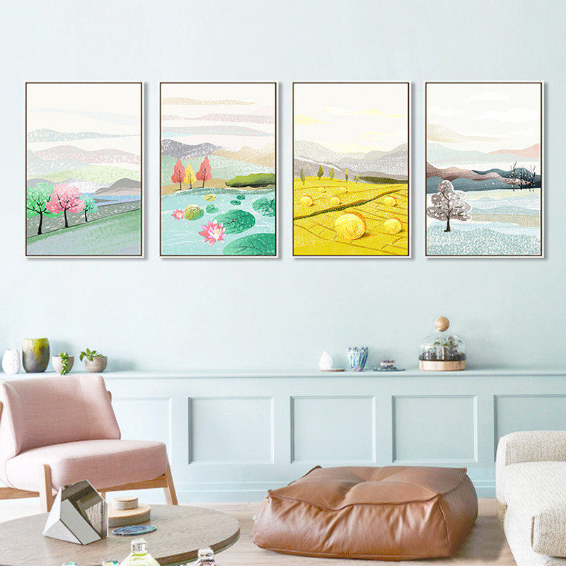 小清新手绘新中式现代简约素雅民俗古风装饰画春夏秋冬图片画芯