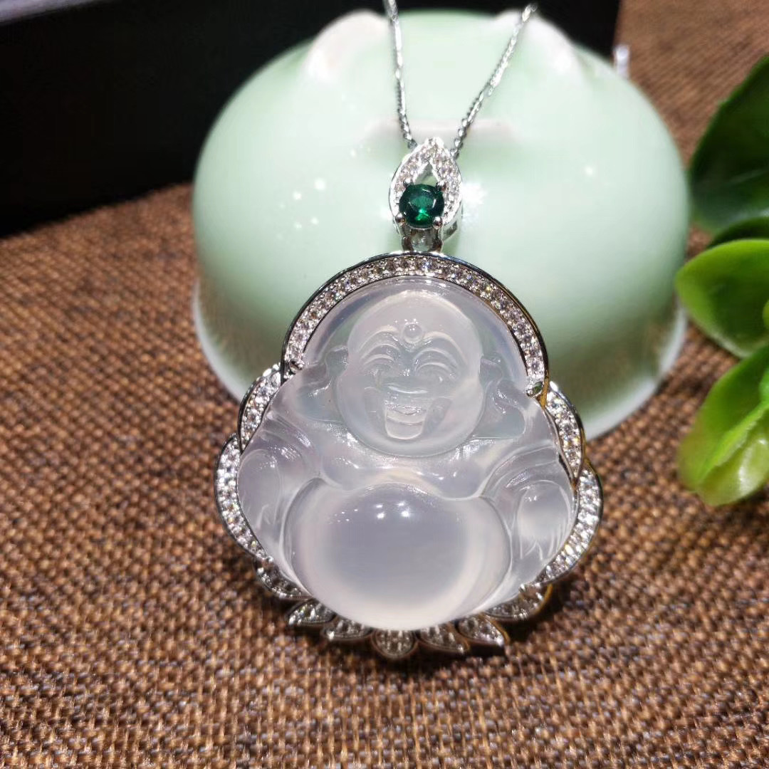 玉髓高冰s925银玫瑰金镶嵌白玉髓佛公吊坠白玛瑙玉石挂件