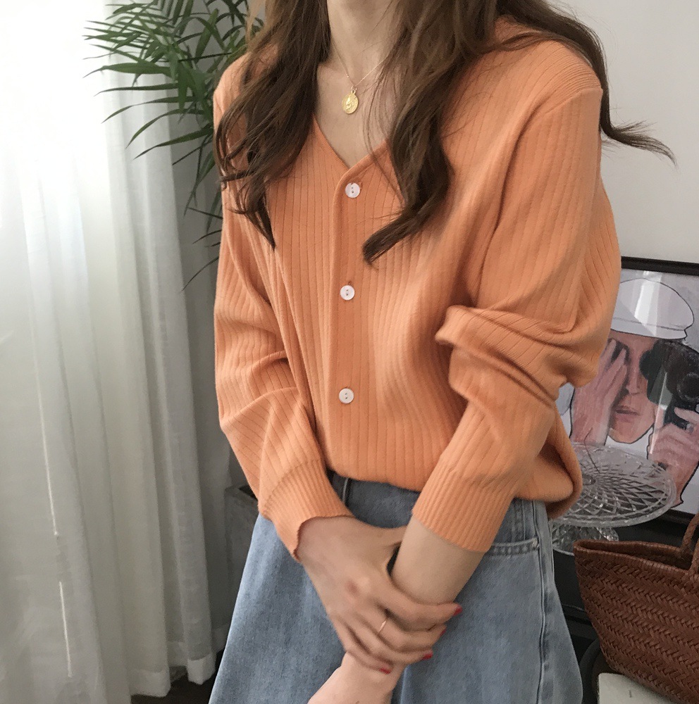 毛衣开衫女外套长袖秋季2020新款韩版宽松薄款v领针织衫橘色上衣