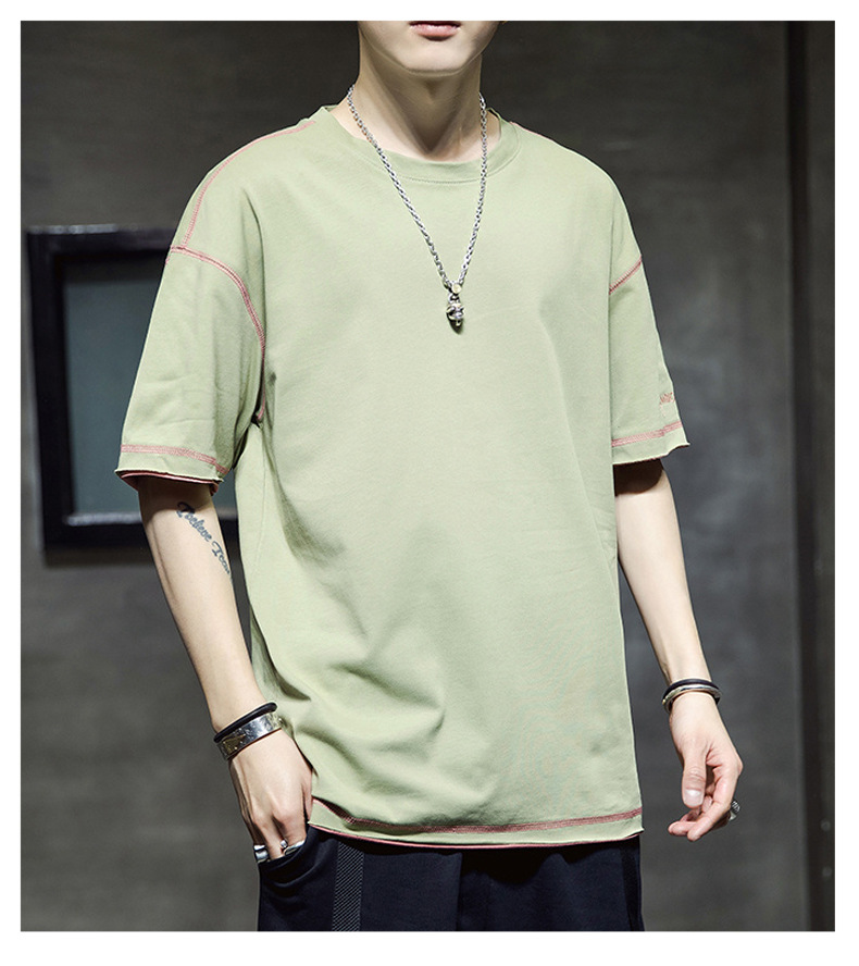 夏季新款男士纯棉短袖t恤半袖落肩体恤衫青少年时尚潮流宽松t恤男