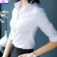 白色七分袖衬衫女新款职业工作服正装中袖百搭工装韩版纯色棉衬衣