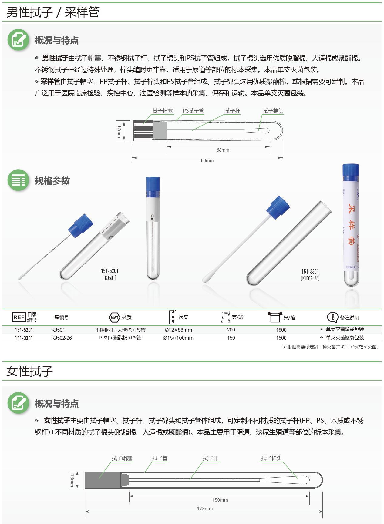 采样拭子康健医疗 鼻咽拭子 棉签男性女性拭子