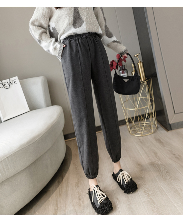 实拍毛呢休闲九分裤女秋冬2020高腰显瘦宽松哈伦裤加厚小脚萝卜裤