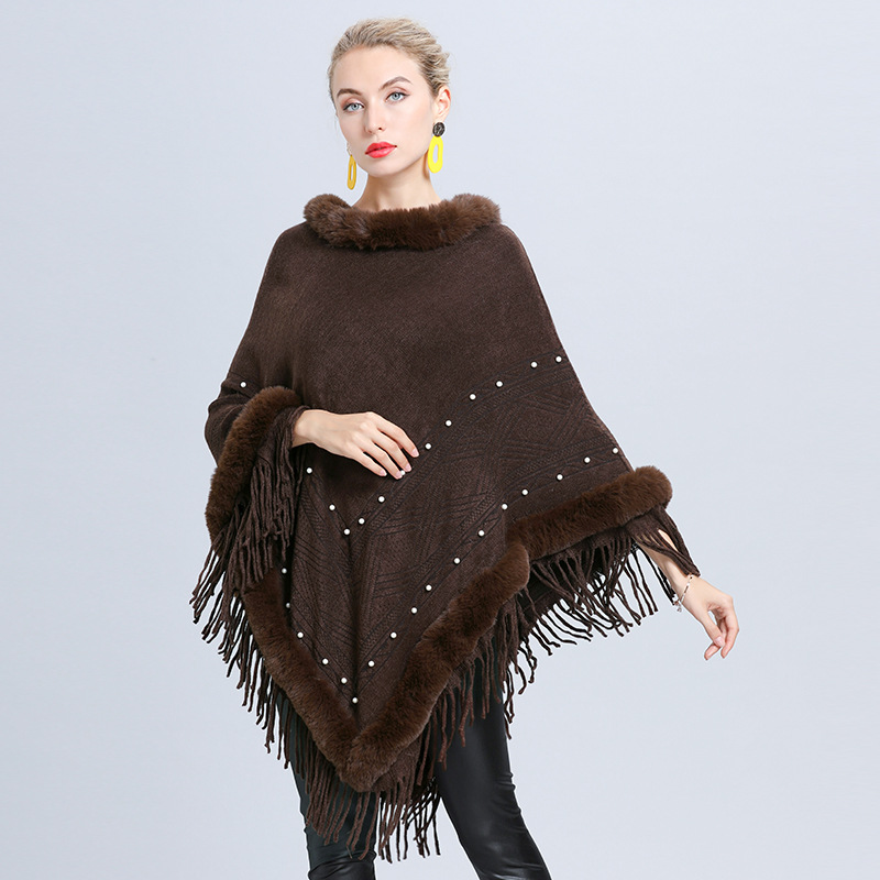 1642# European and American Autumn and Winter New Jacquard Pearl Tassel Women's Outer Wear Warm Fur Collar Shawl Cape