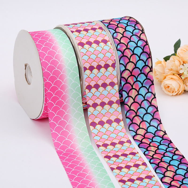 Cross-Border 7.5cm Koi Scale Pattern Printed Ribbon Thickened Polyster Ribbon Ribbon Gradient Mixed Color Thread Belt