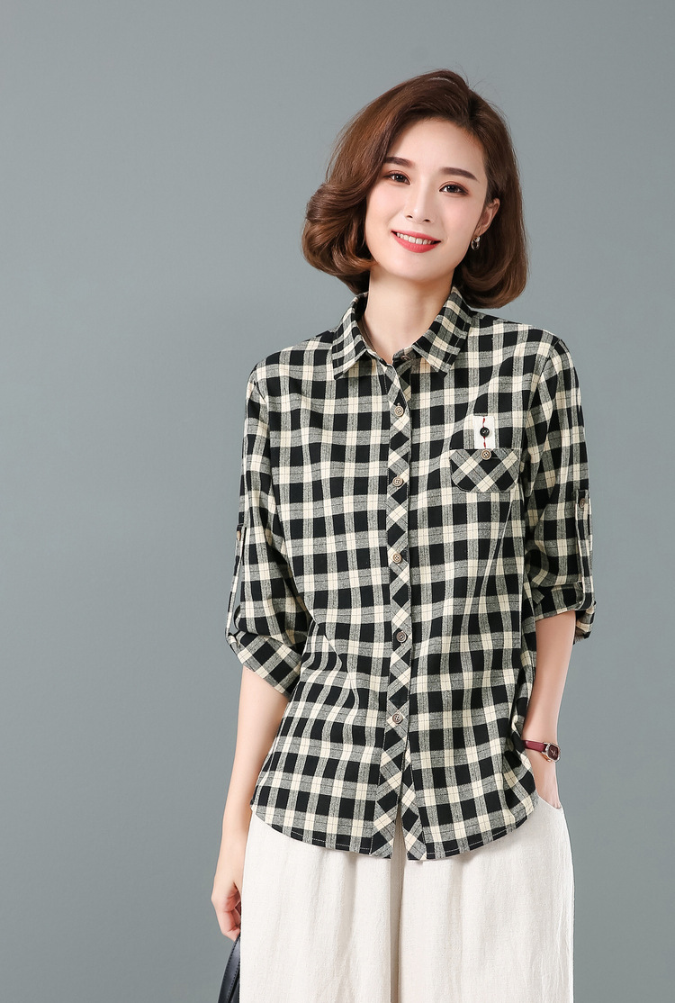 纯棉格子衬衫女长袖上衣2020秋新款大码复古港风衬衣工厂直销3586