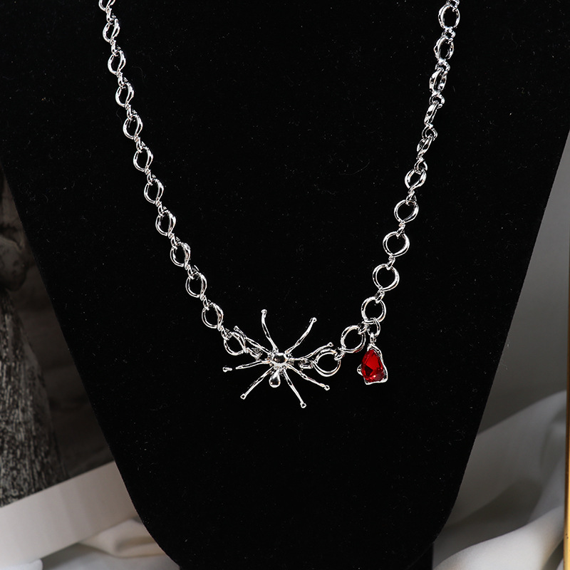 定制新款小众设计红宝石吊坠蜘蛛项链冷淡风甜酷锁骨链不规则耳钉