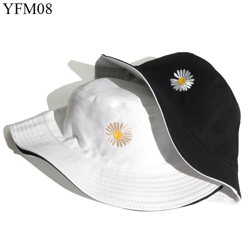 Double-Sided Little Daisy Bucket Hat Children's Fashion Korean Style Japanese Style Sun-Proof Basin Hat SUNFLOWER Chrysanthemum Embroidered Sun Hat Men