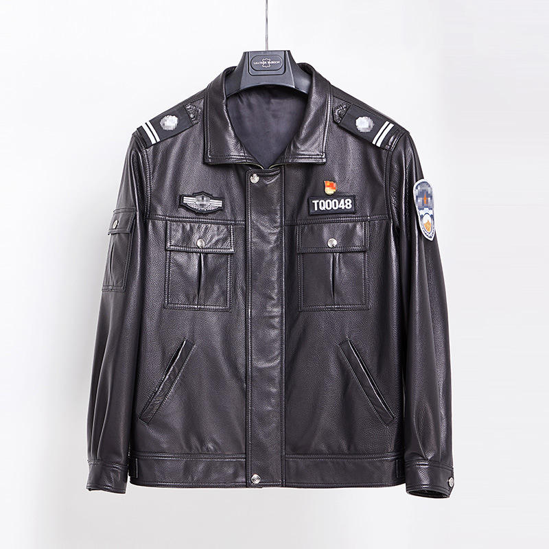 保安物业制服春秋男士真皮皮衣皮夹克牛皮黑色安保执勤特勤作战服