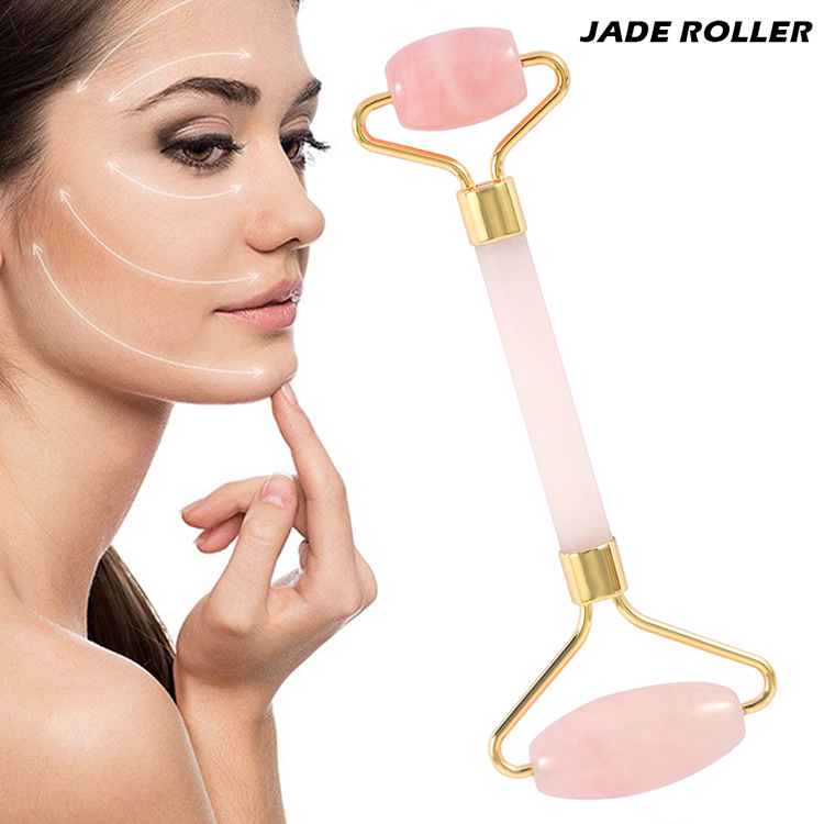 跨境热销天然玉石滚轮瘦脸器粉色脸部按摩仪面部双轮玉推美容用具
