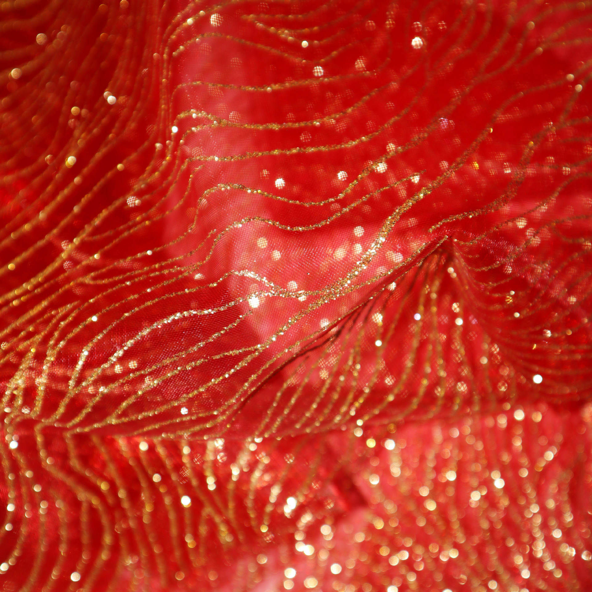 30梭透明欧根纱红色纱底印金面料礼品工艺品面料包装材料面料