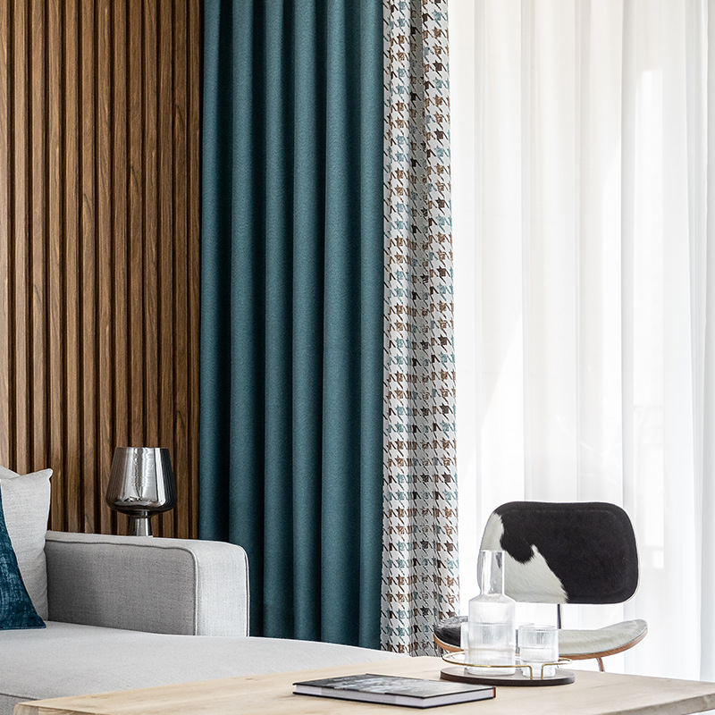 色织千鸟格蓝拼接 窗帘加厚遮光现代简约北欧客厅卧室阳台成品
