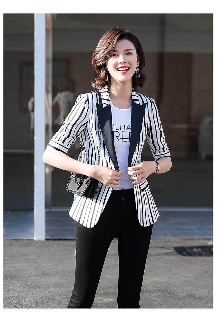 2020春夏黑白条纹气质中袖网红小西装外套女上班面试正装洋气西服