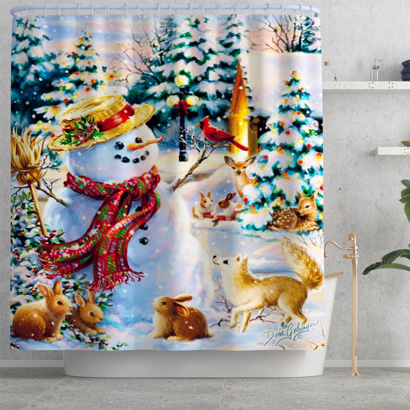 New Cartoon Snow Snowman Printing Shower Curtain Toilet Floor Mat Four-Piece Bathroom Carpet Set Cross-Border Hot Sale