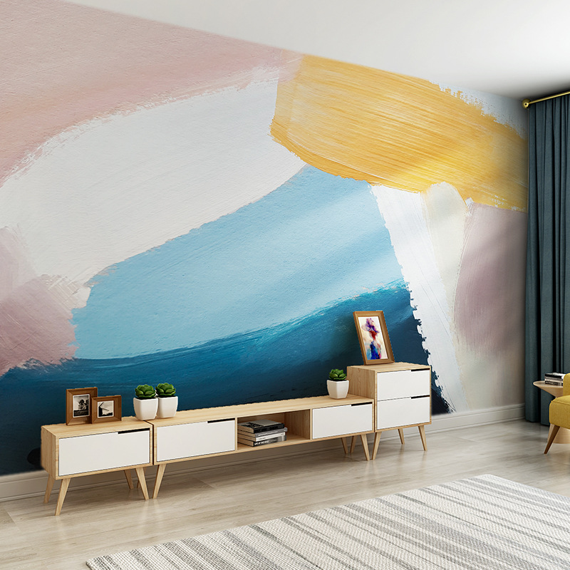 北欧手绘抽象艺术涂鸦五彩壁纸客厅电视背景墙纸无缝制壁画墙布