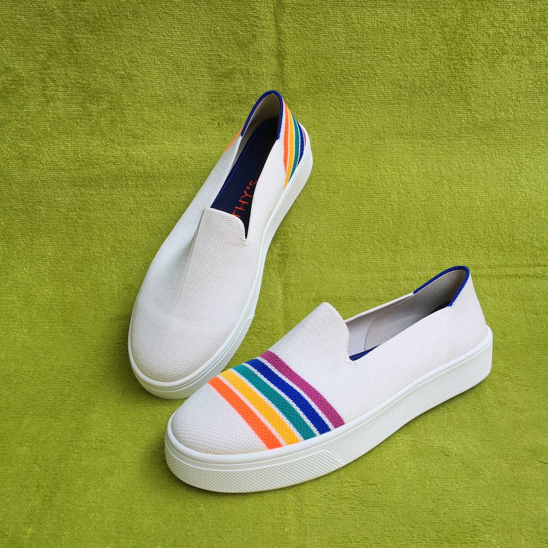 王妃鞋rroths彩虹单鞋女新款圆头厚底针织透气女鞋飞织板鞋