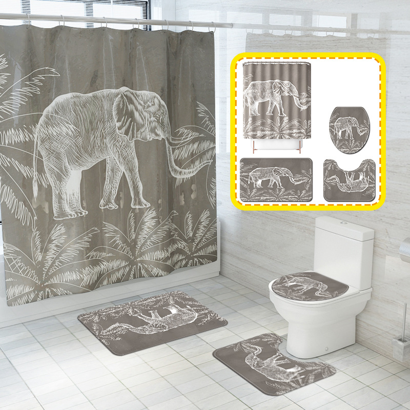 Hot Sale Animal Series Simplified Coconut Elephant Waterproof Mildew-Proof Shower Curtain Bath Curtain Mat Suit