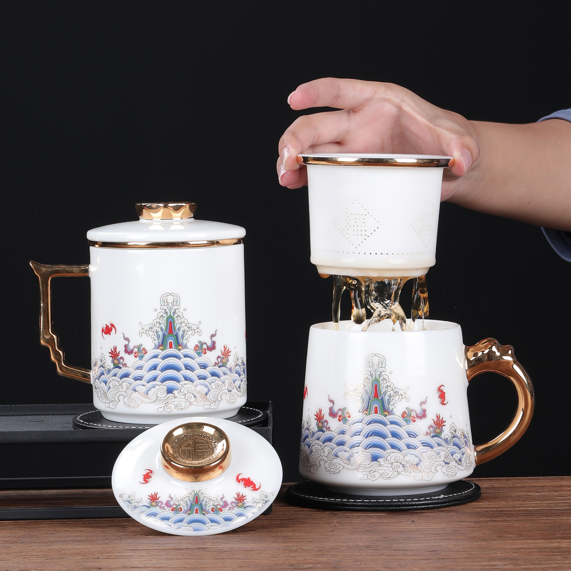 厂家白瓷手工高档老板茶杯带盖过滤泡茶羊脂玉办公杯陶瓷个人水杯