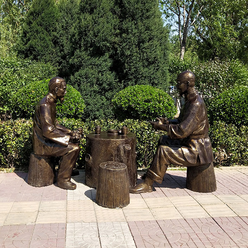 玻璃钢仿铜铸铜喝茶雕塑民俗小品仿真人物公园广场茶楼装饰摆件