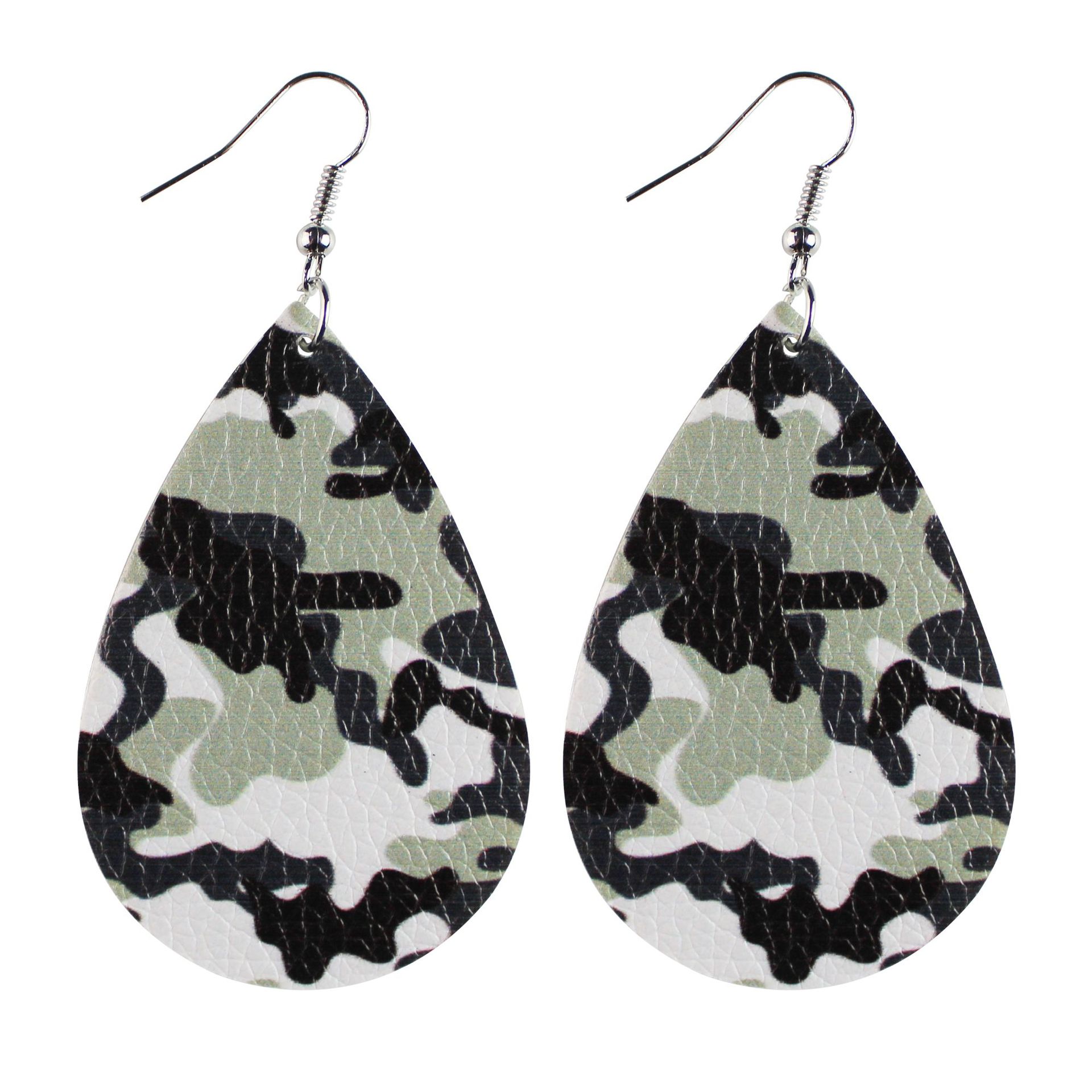Army Green Camouflage PU Leather Earrings Water Drop Shape Duplex Printing Exclusive for Cross-Border Amazon