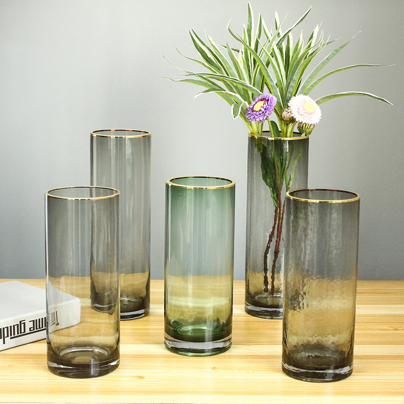 创意原色非喷漆金边直筒玻璃花瓶批发圆柱形花器婚庆路引家居摆件