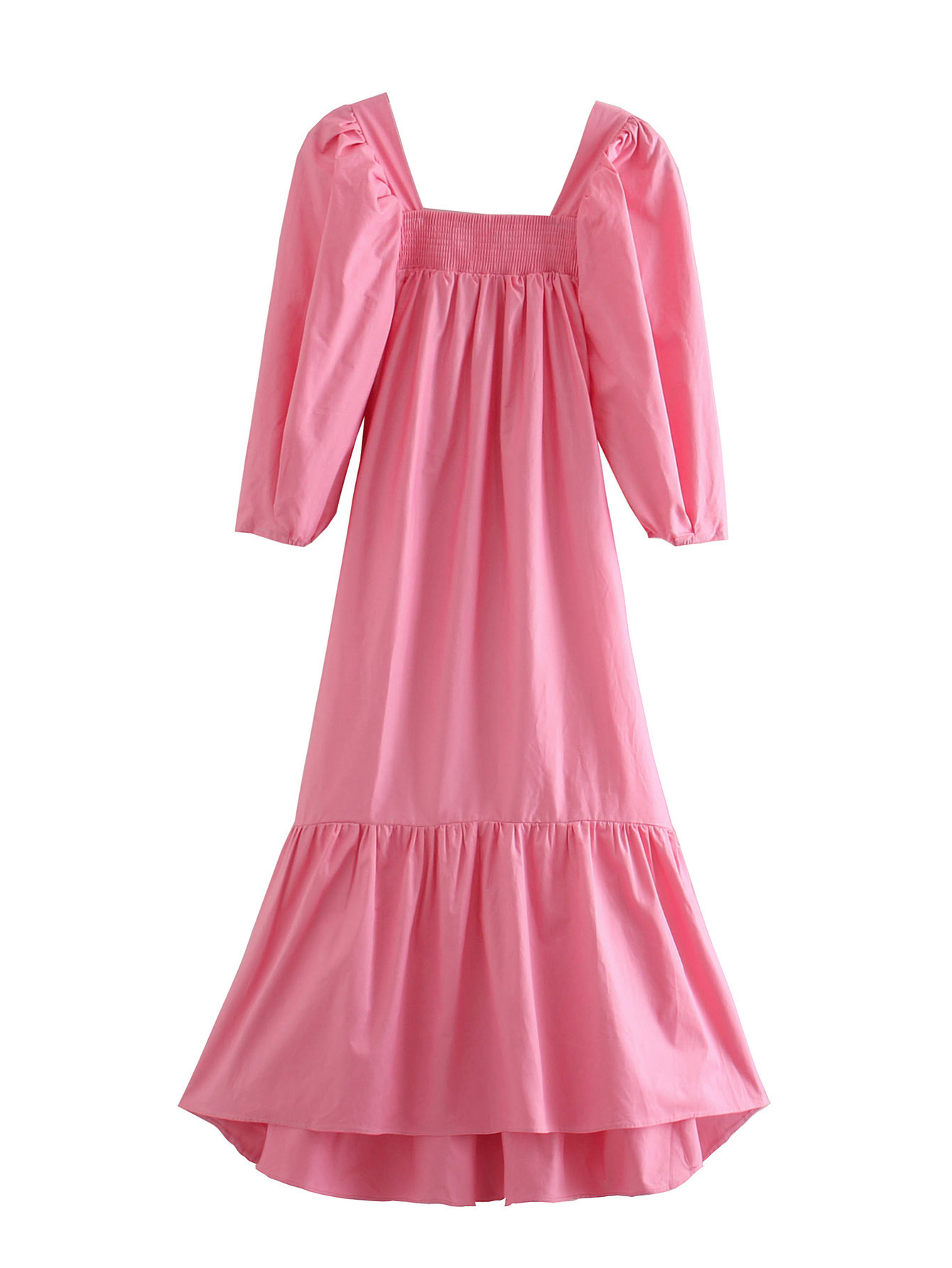 欧美风女装批发蓬松泡泡袖粉红色连衣裙长裙