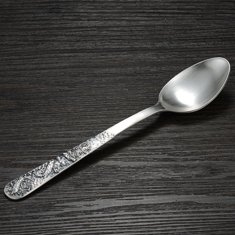 足银999银勺子 仿古做旧银调羹汤勺银餐具重约约54克