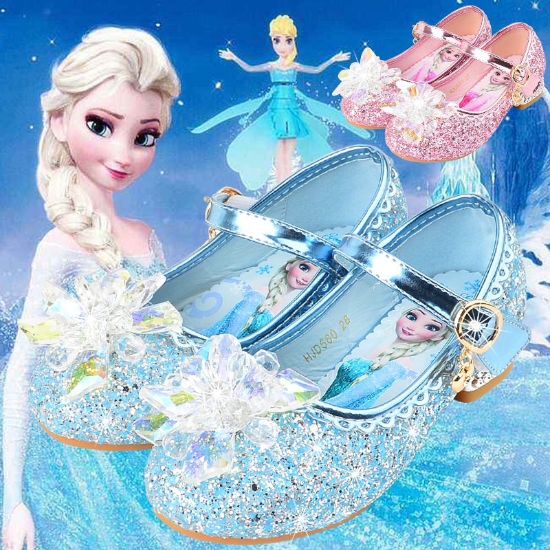 新款卡通图案女童皮鞋女孩高跟玻璃水晶鞋模特走秀演出儿童公主鞋