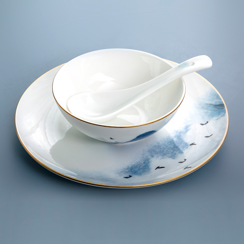 现货骨瓷骨碟 酒店餐厅新中式山水摆台餐具三件套碗勺碟骨瓷盘子