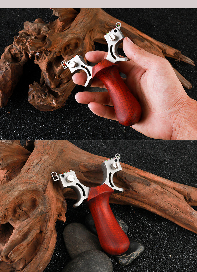 弹弓新款追龙扁皮不锈钢纯木质手柄弹工架 快压夹片免绑弹弓批发