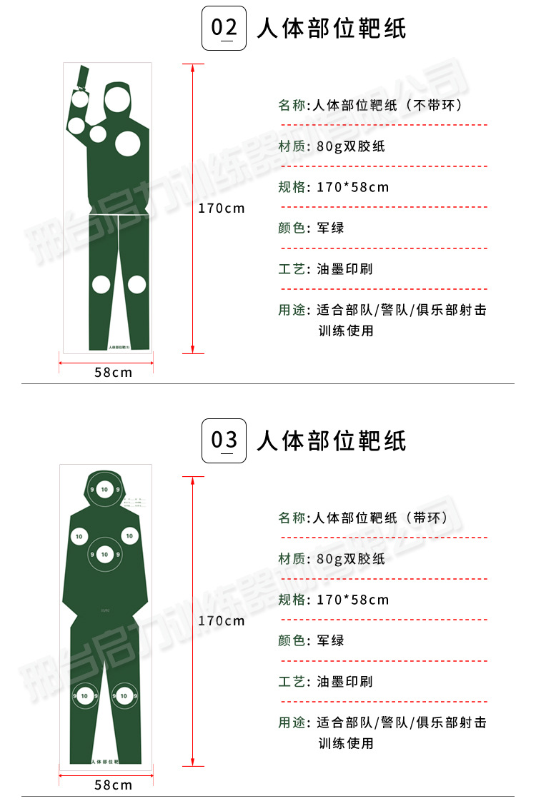 靶纸 人体部位射击靶纸 军训射击靶纸 加厚全身靶纸 部队射击器材