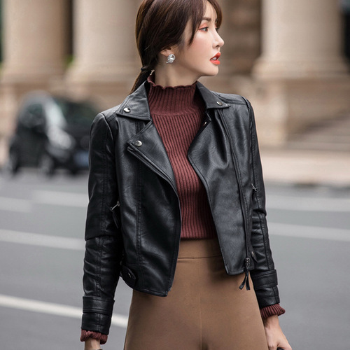 2021新款修身皮衣外套女时尚春秋黑色百搭机车上衣女pu皮夹克女潮