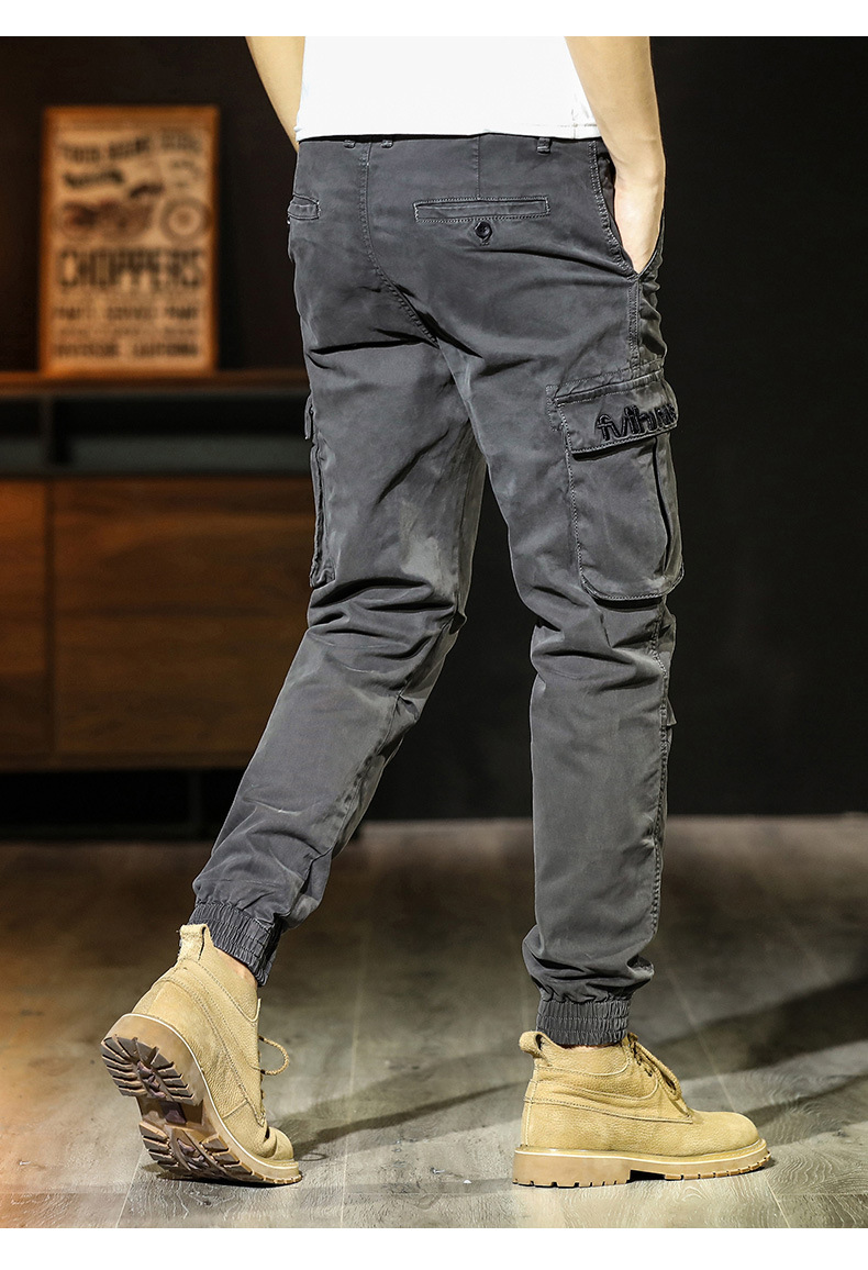 男秋冬个性刺绣美式工装裤韩版时尚多袋束脚裤青年户外宽松作训裤