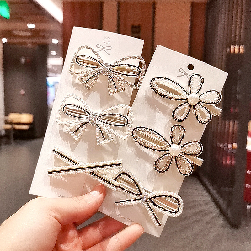 Korean Barrettes Full Diamond Pearl Bow Graceful Online Influencer Black and White Style All-Match Duckbill Clip