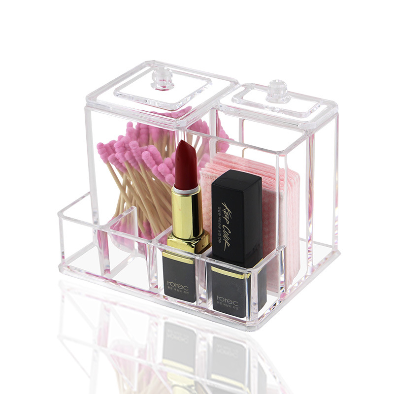 Acrylic Clear with Cover Dustproof Cotton Swab Lipstick Display Organizer Cotton Puff Makeup Brush Desktop Organizing Box